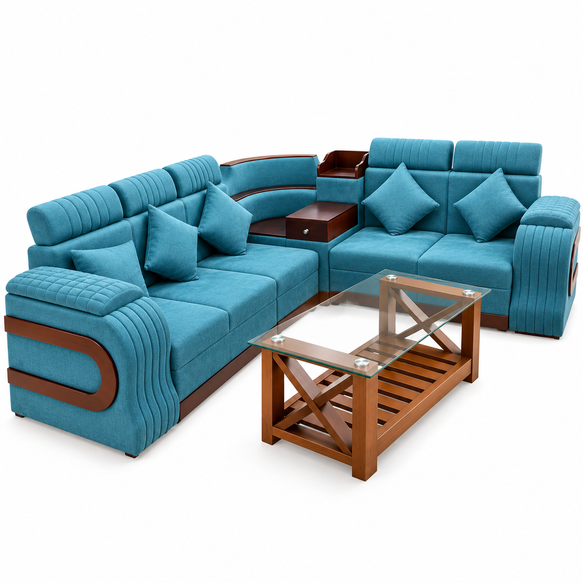 Delux Furniture teal blue sectional sofa left angle view