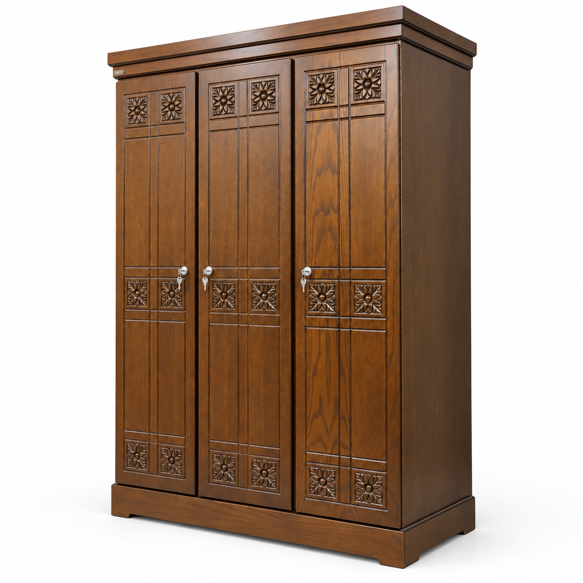 Delux Furniture floral carved 3 door almirah, angled view on white