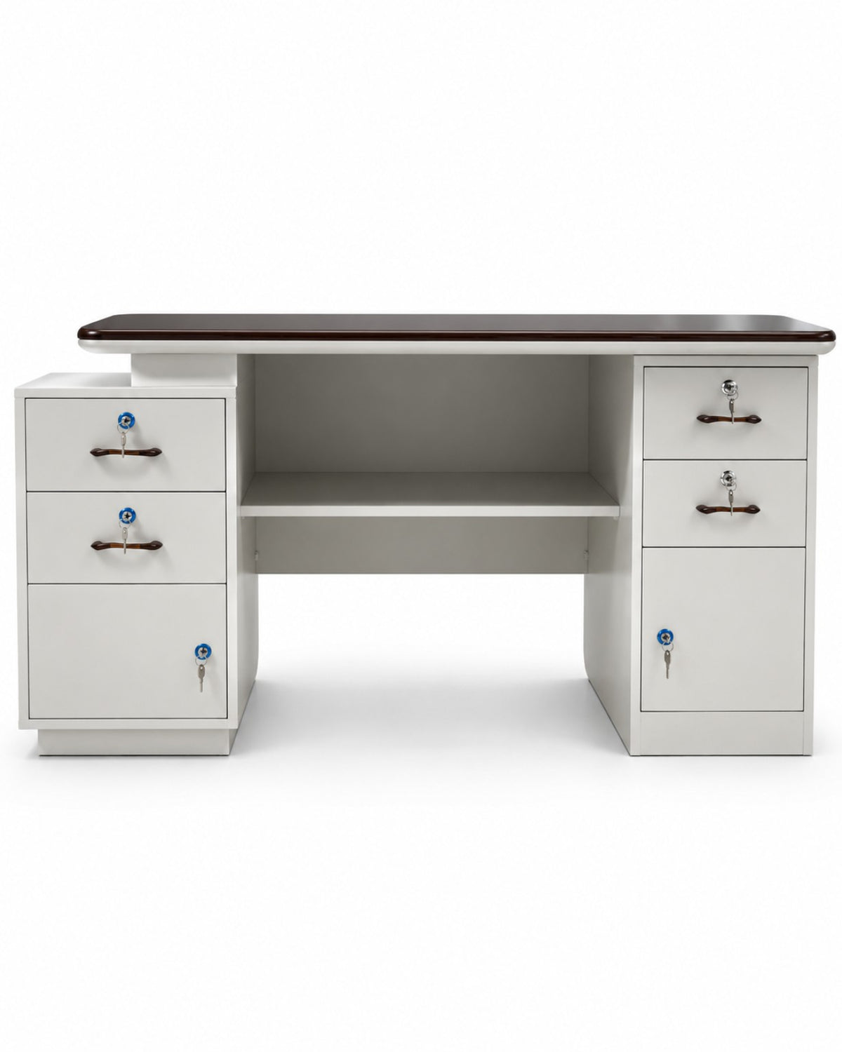 Office desk storage drawers and lockable compartments front view