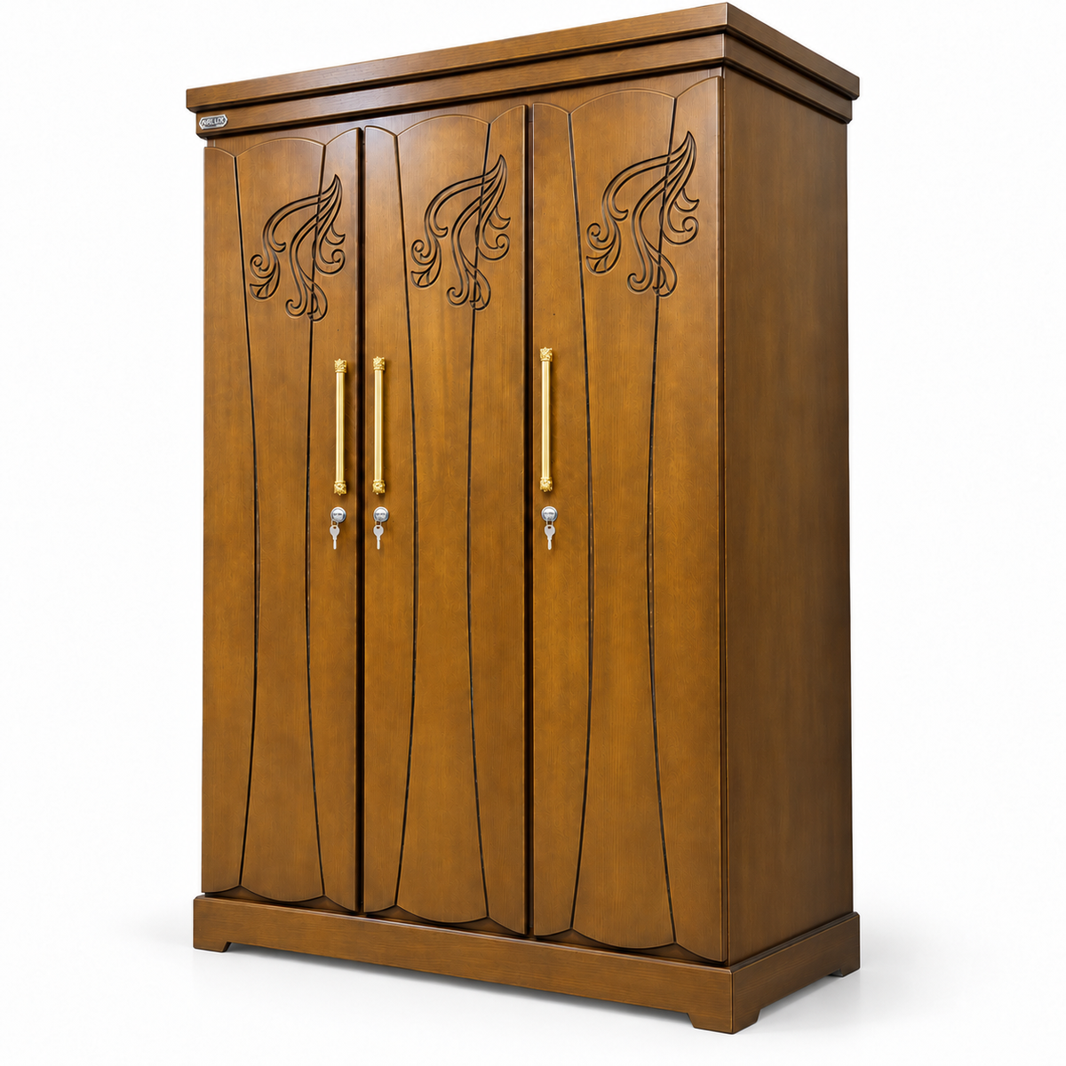 Delux Furniture 3 door scroll carved almirah with gold handles, angled view