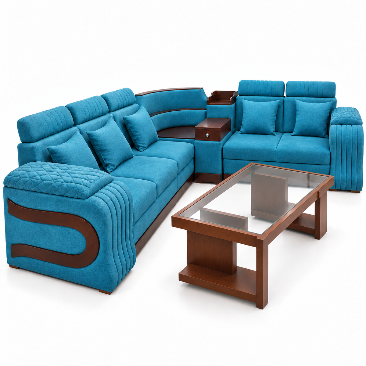 Delux Furniture luxury teal corner sofa set with glass tea table on white background