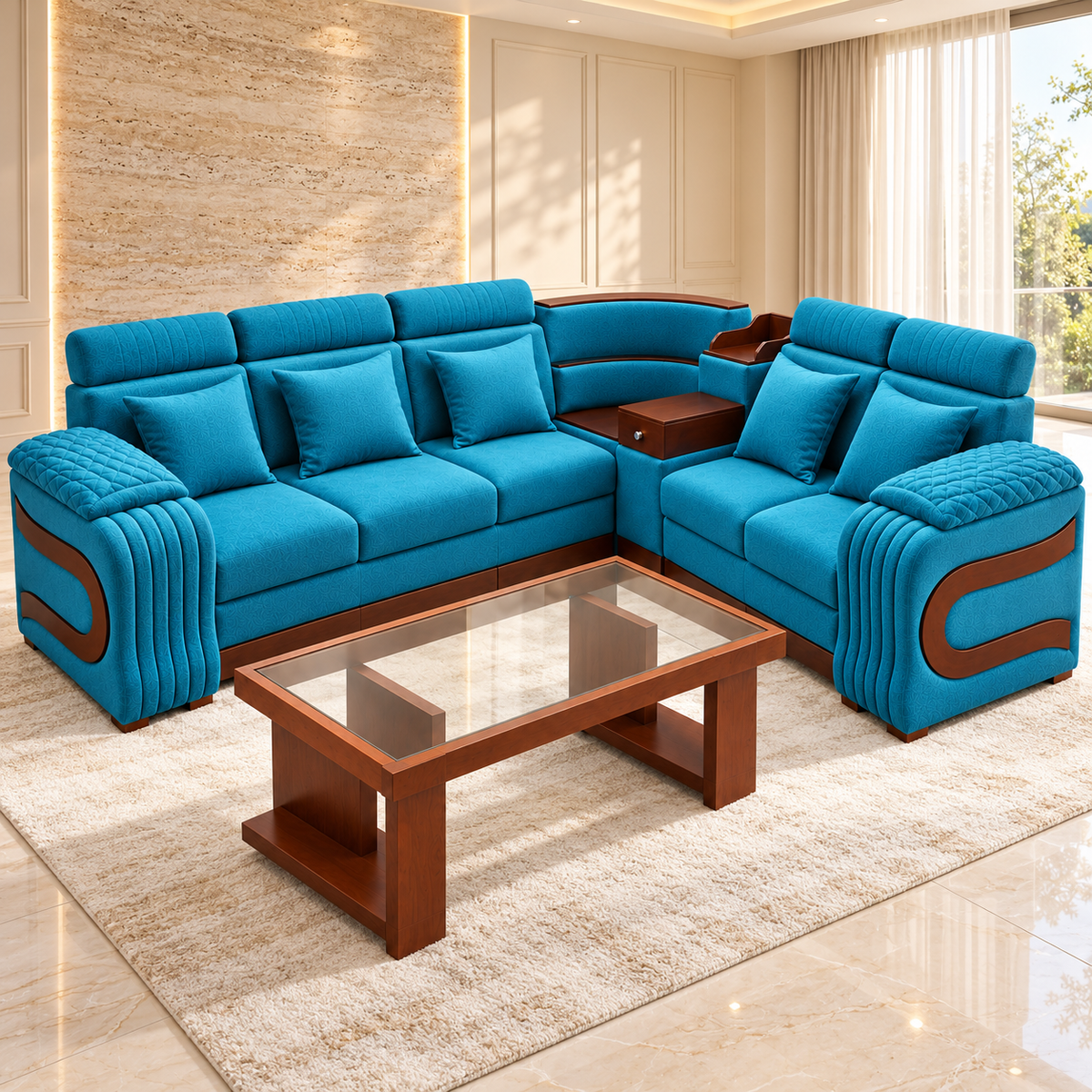 Delux Furniture luxury teal corner sofa set with glass tea table in a luxury interior