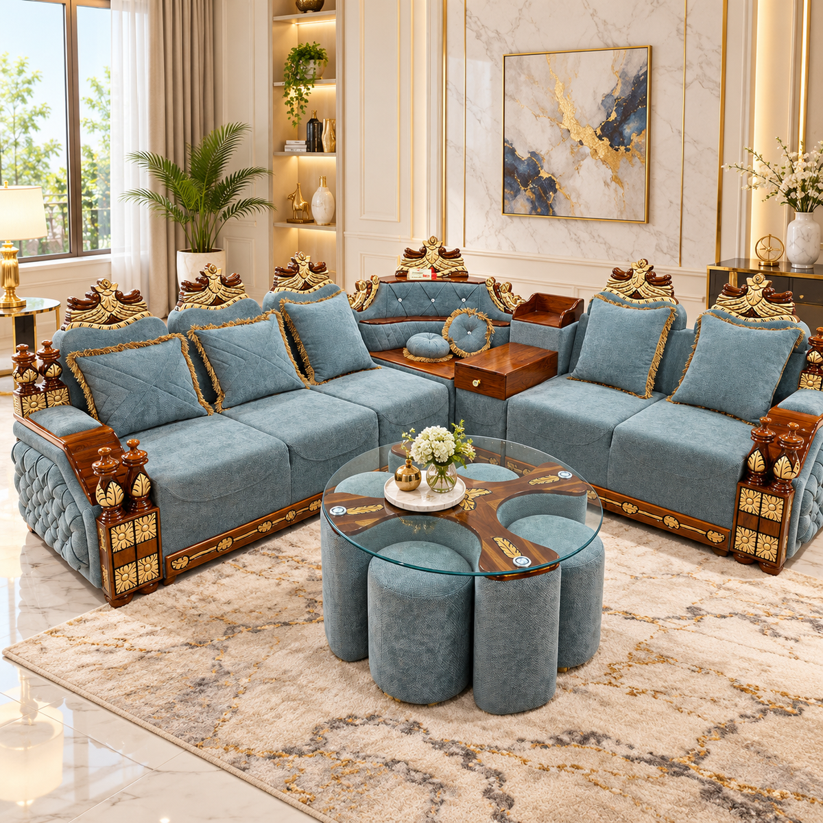 Royal Teal Luxury Wooden Sofa Full Set