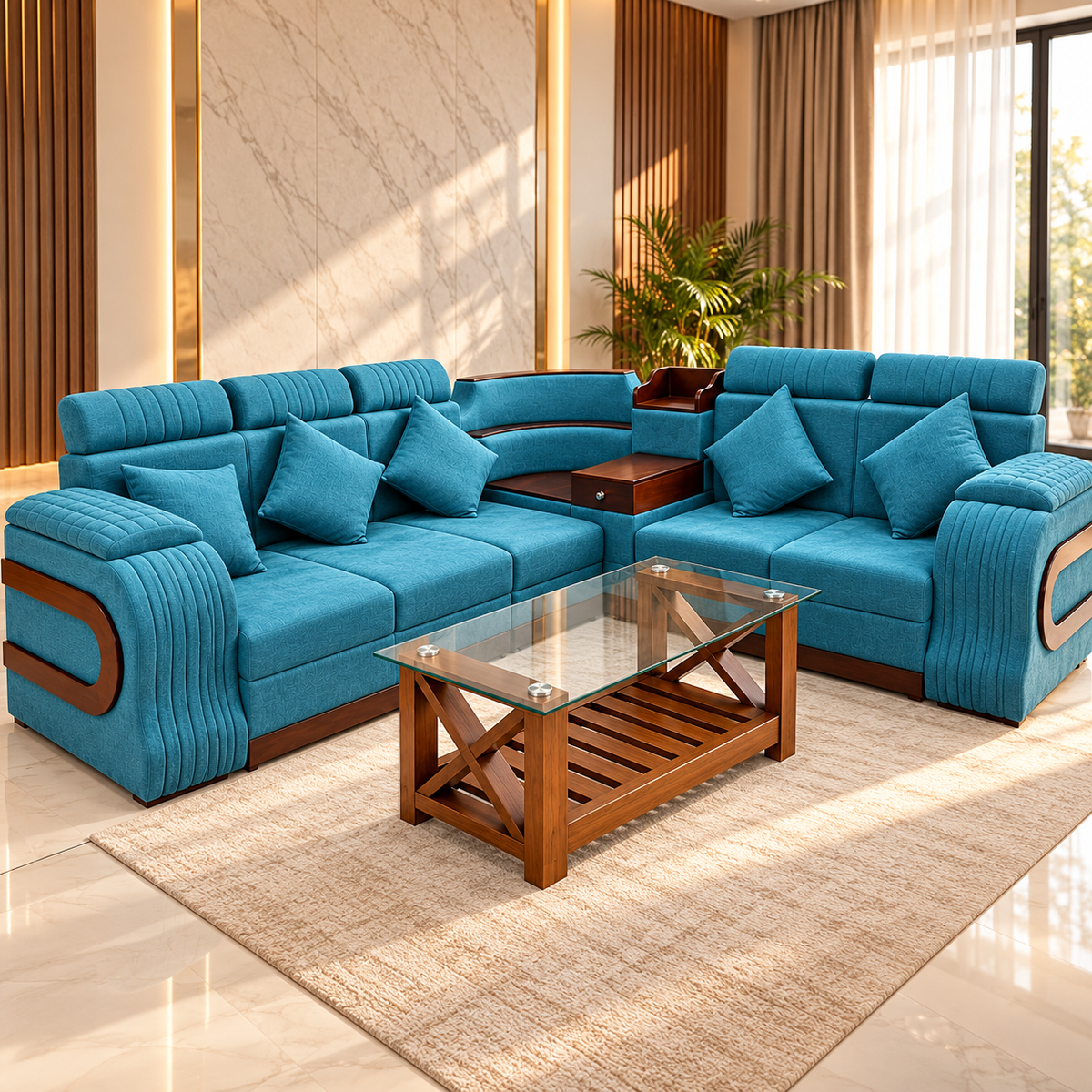 Luxury teal sectional sofa set displayed in premium indoor living room