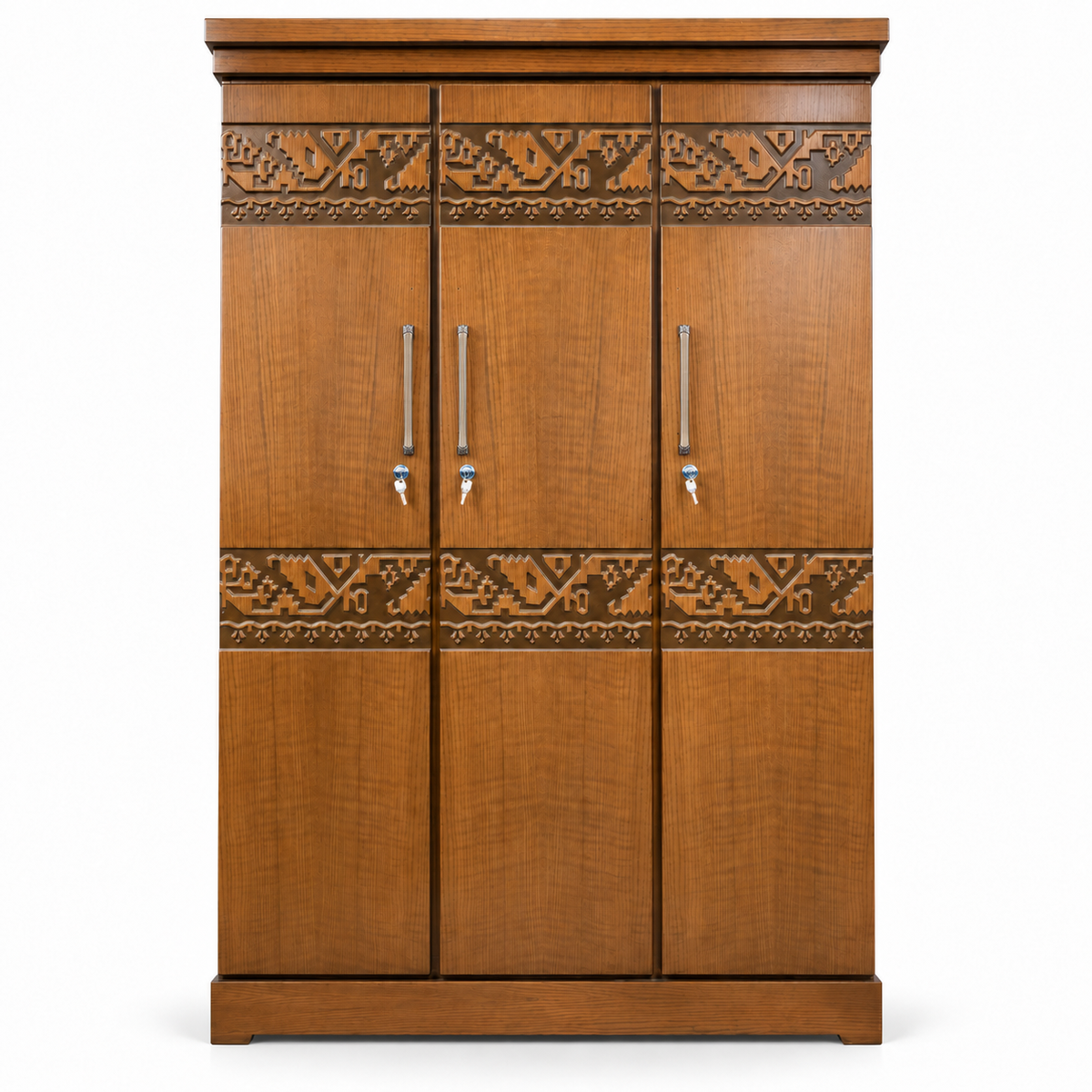Delux Furniture 3 door carved almirah with silver handles, front view