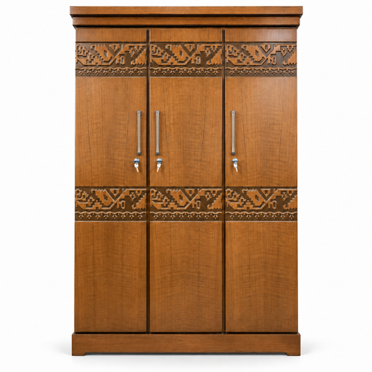 Delux Furniture 3 door carved almirah with silver handles, front view