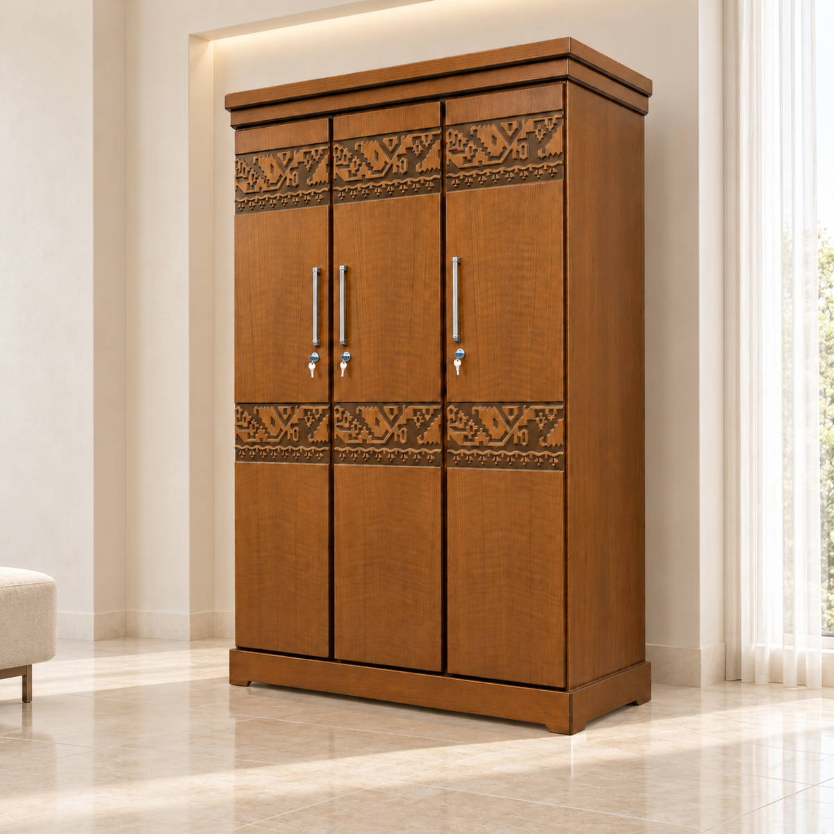 Delux Furniture 3 door carved almirah in a clean luxury interior