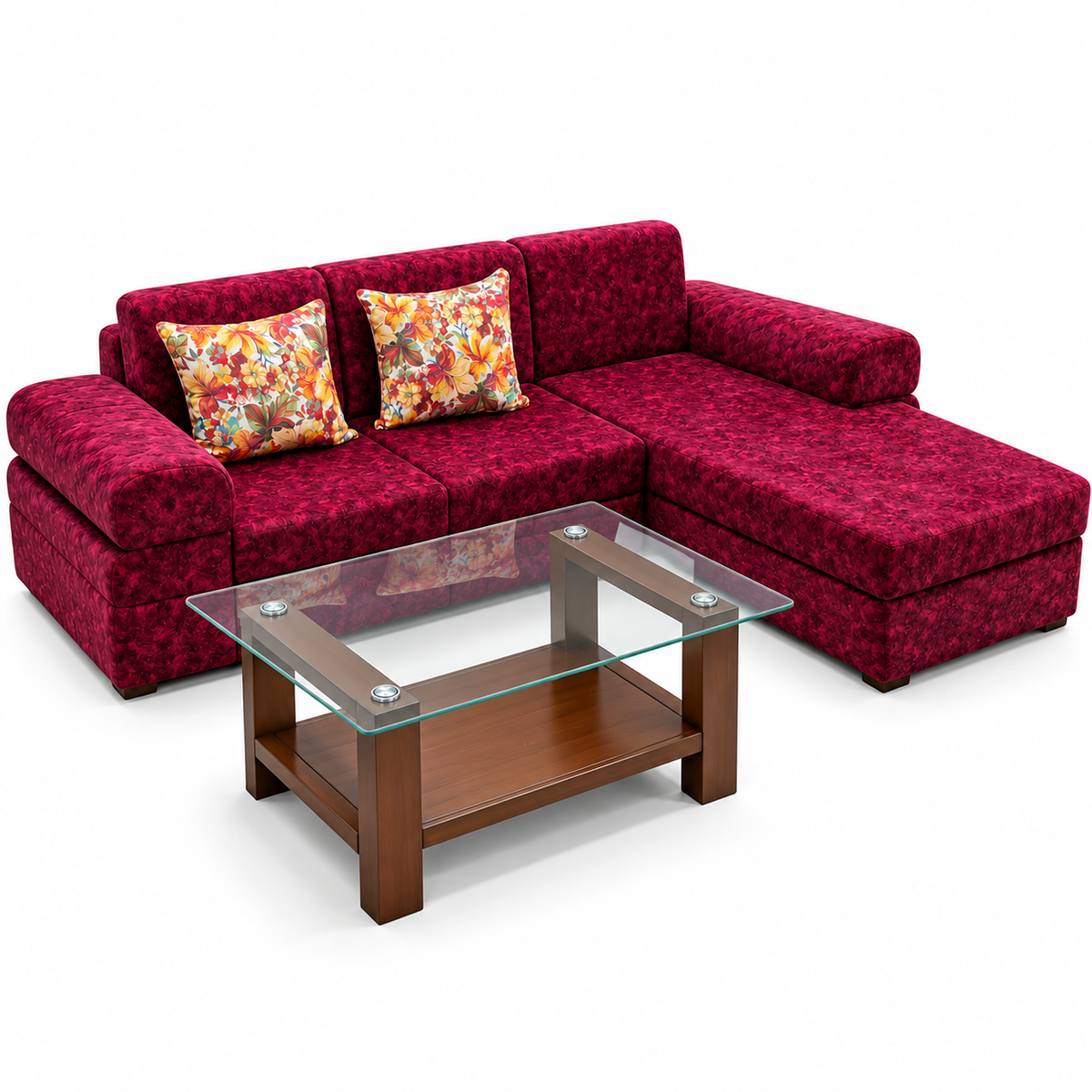 Burgundy L-shaped chaise sofa set with glass coffee table, angled studio view