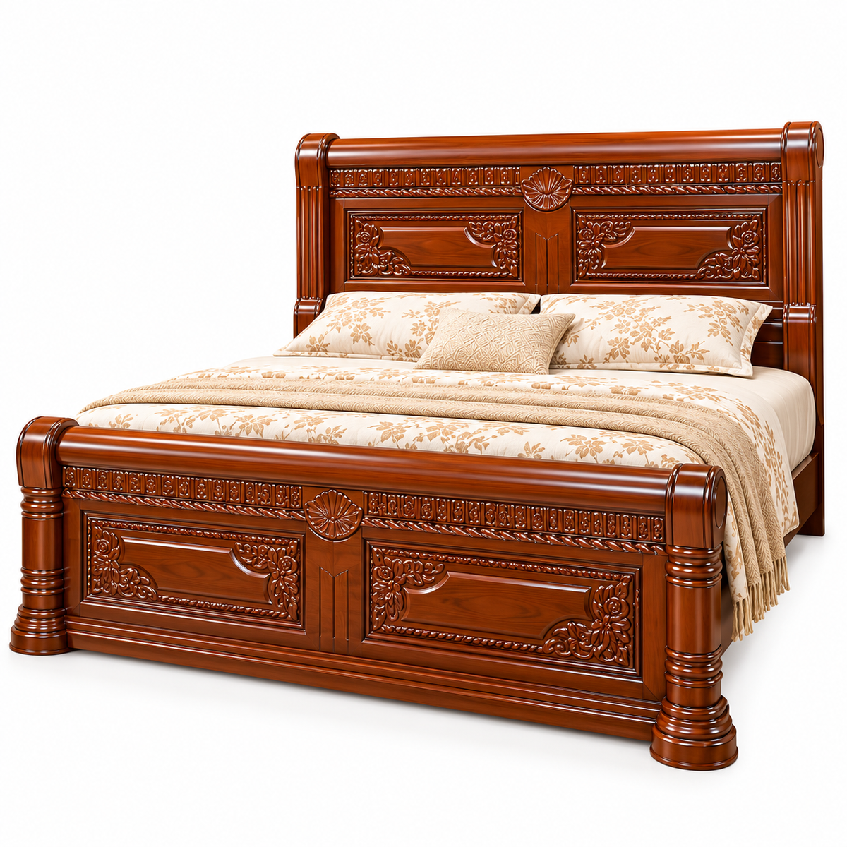 Luxury carved wooden bed product image on white background