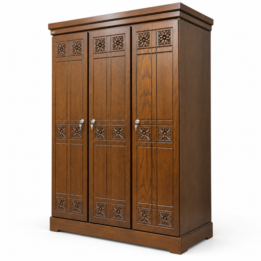 Delux Furniture floral carved 3 door almirah, angled view on white