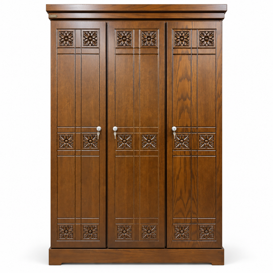 Delux Furniture floral carved 3 door almirah, front view on white