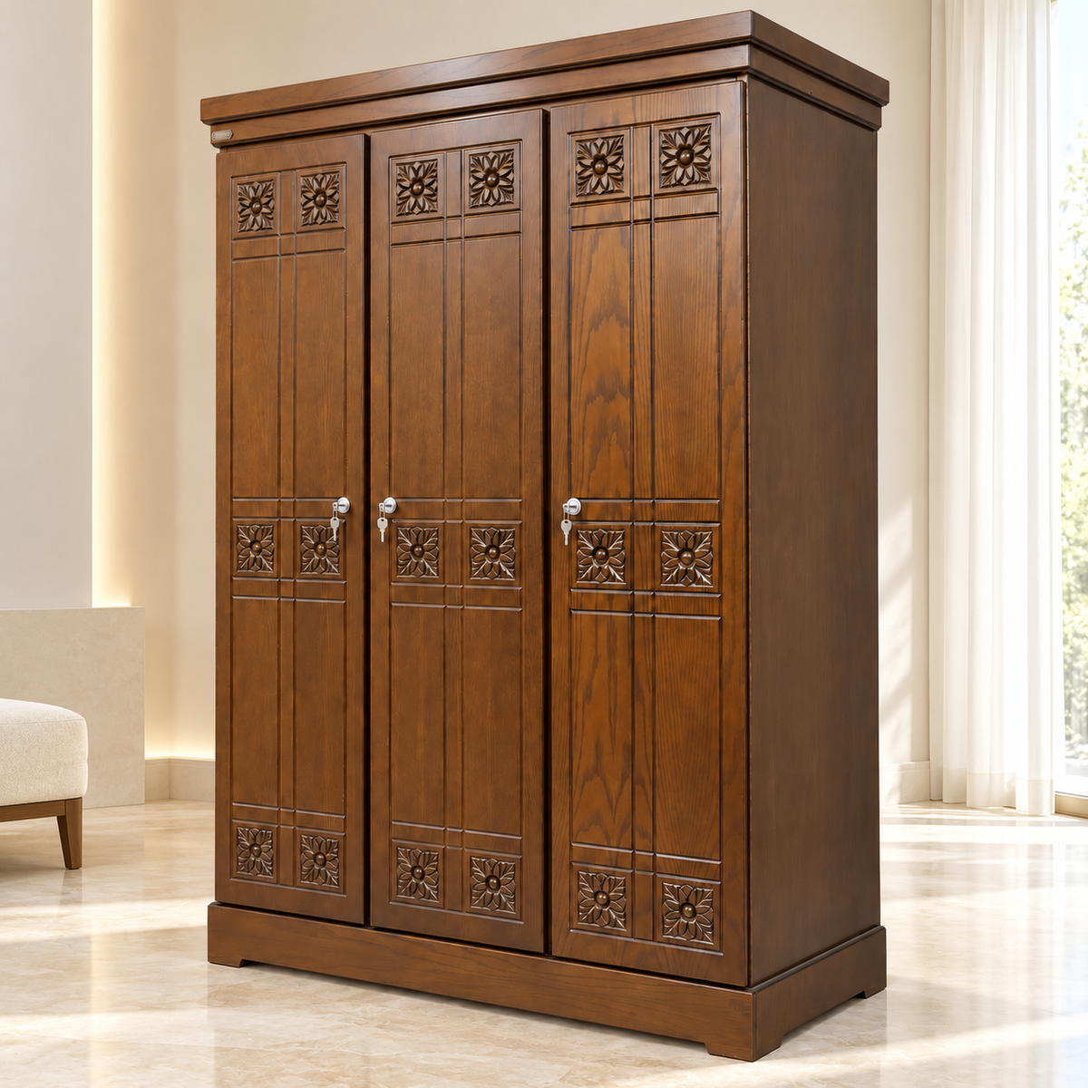 Delux Furniture floral carved 3 door almirah in a clean luxury interior