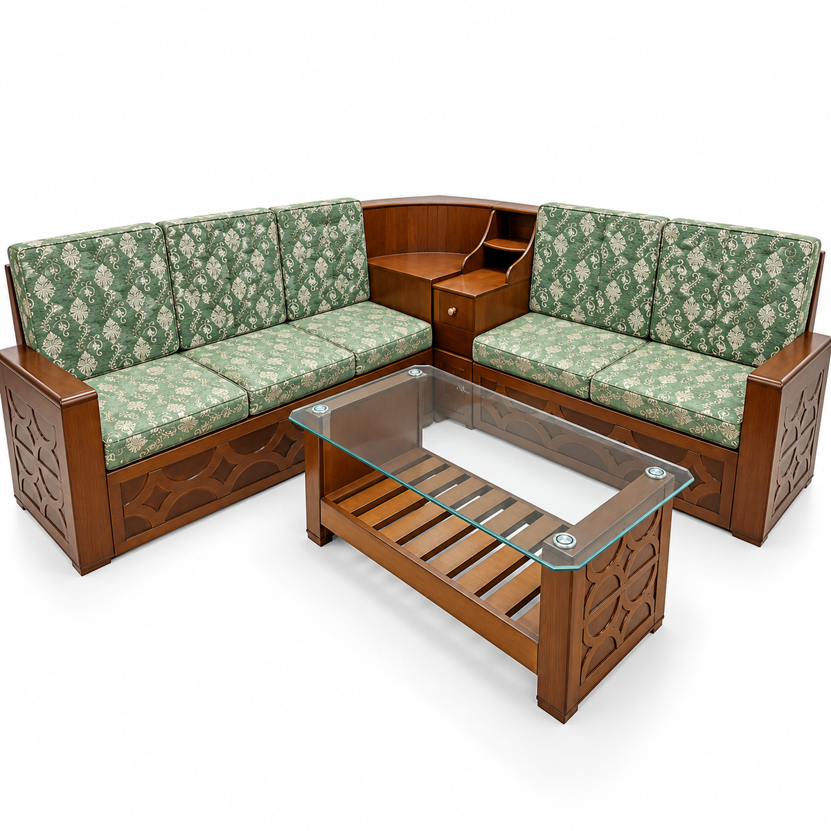 Delux premium wooden corner sofa set with floral green cushions and glass center table white background