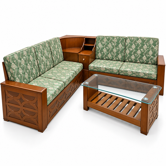 Delux wooden 5 seater sofa set with corner storage and matching coffee table angled view