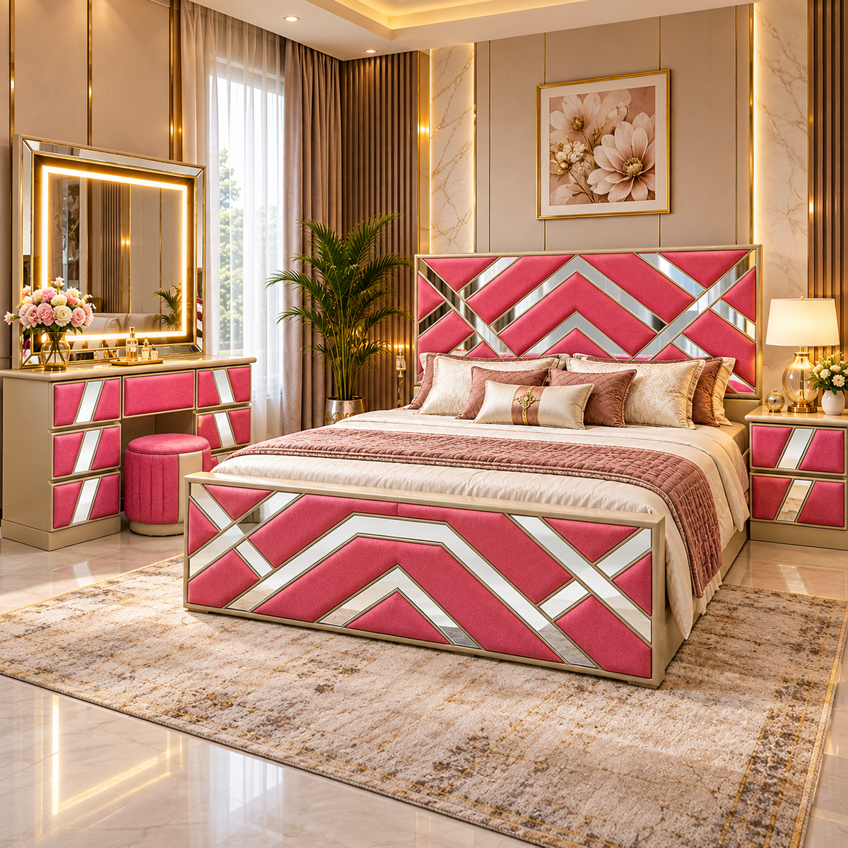 Delux luxury pink and gold master bedroom set in premium styled room