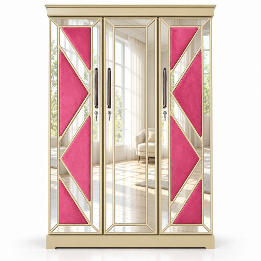 Delux Furniture pink mirrored 3 door almirah with clear glass reflections, front view