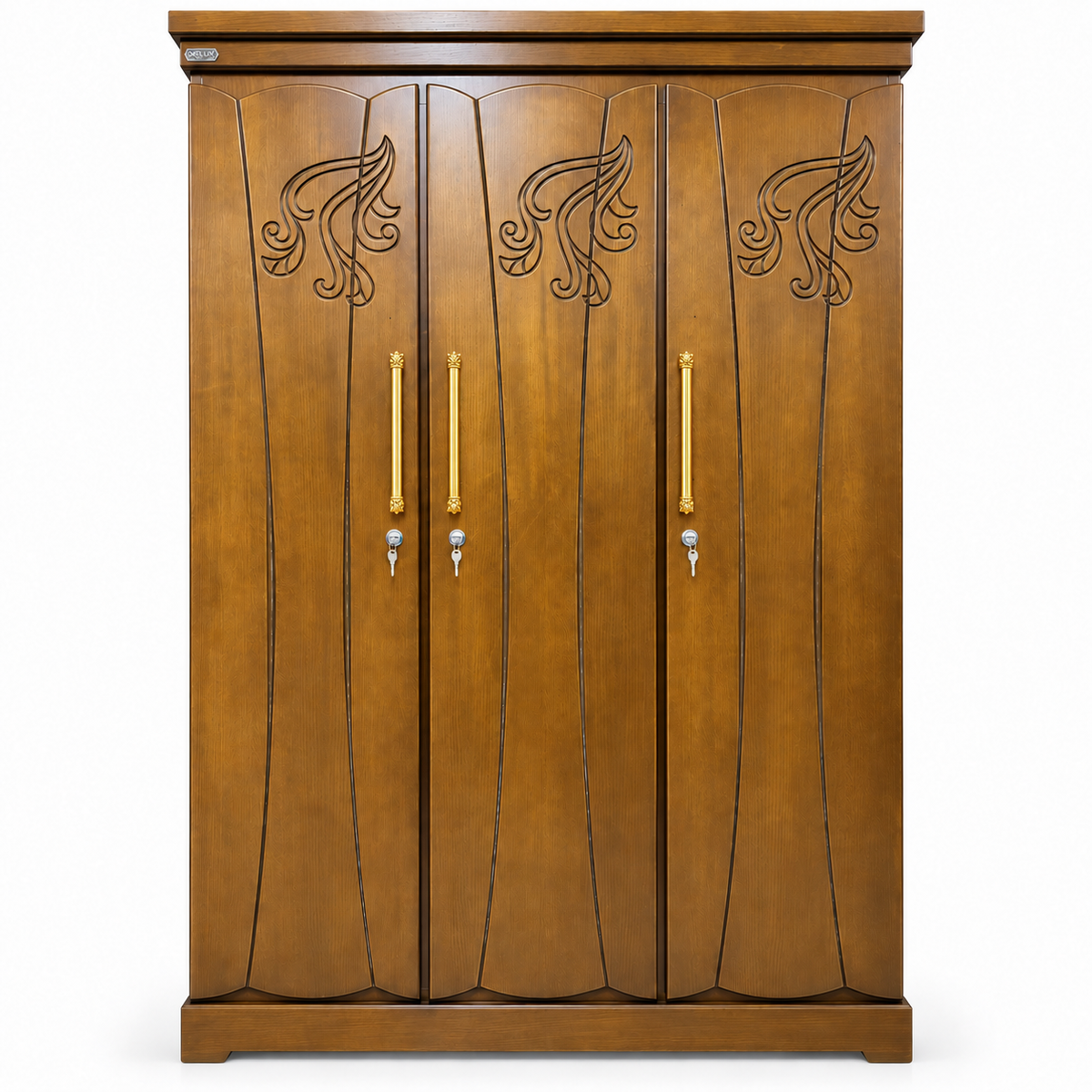 Delux Furniture 3 door scroll carved almirah with gold handles, front view