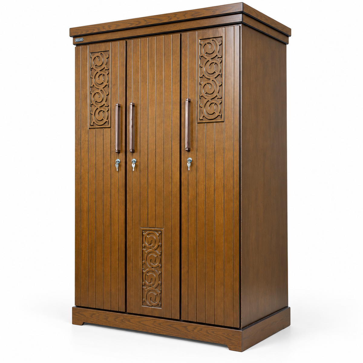 Delux Furniture scroll panel 3 door almirah, angled view on white