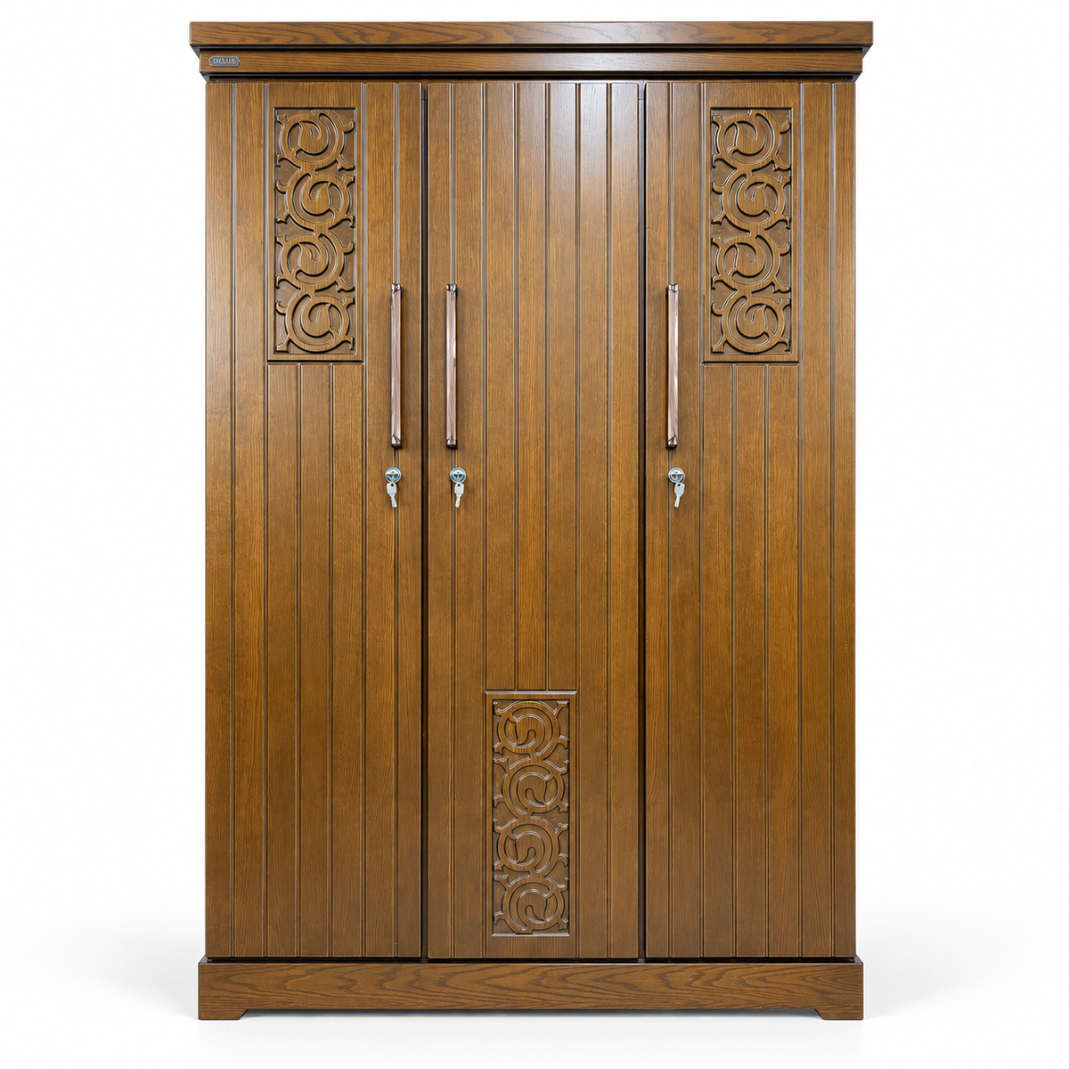 Delux Furniture scroll panel 3 door almirah, front view on white