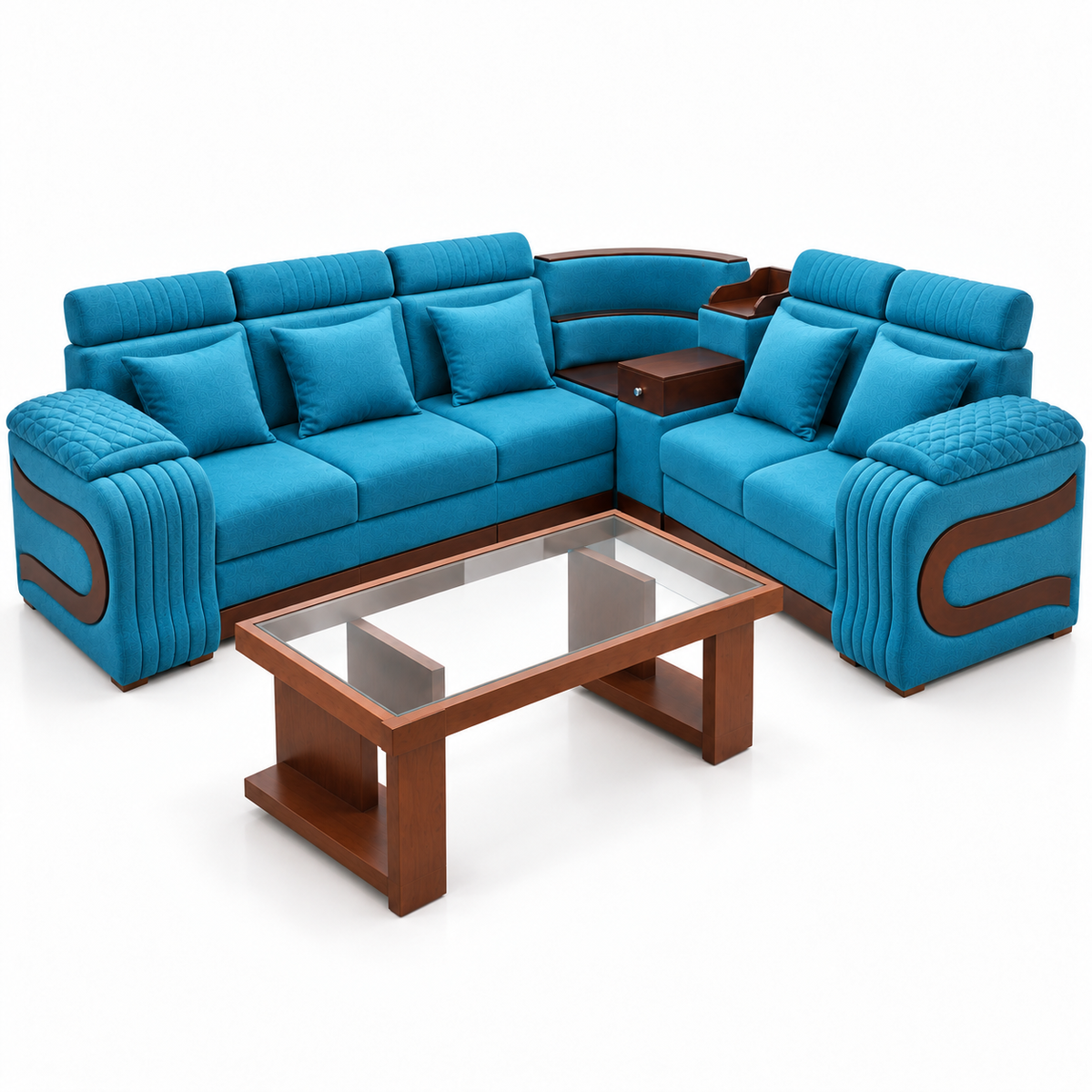 Delux Furniture luxury teal corner sofa set with glass tea table on white background